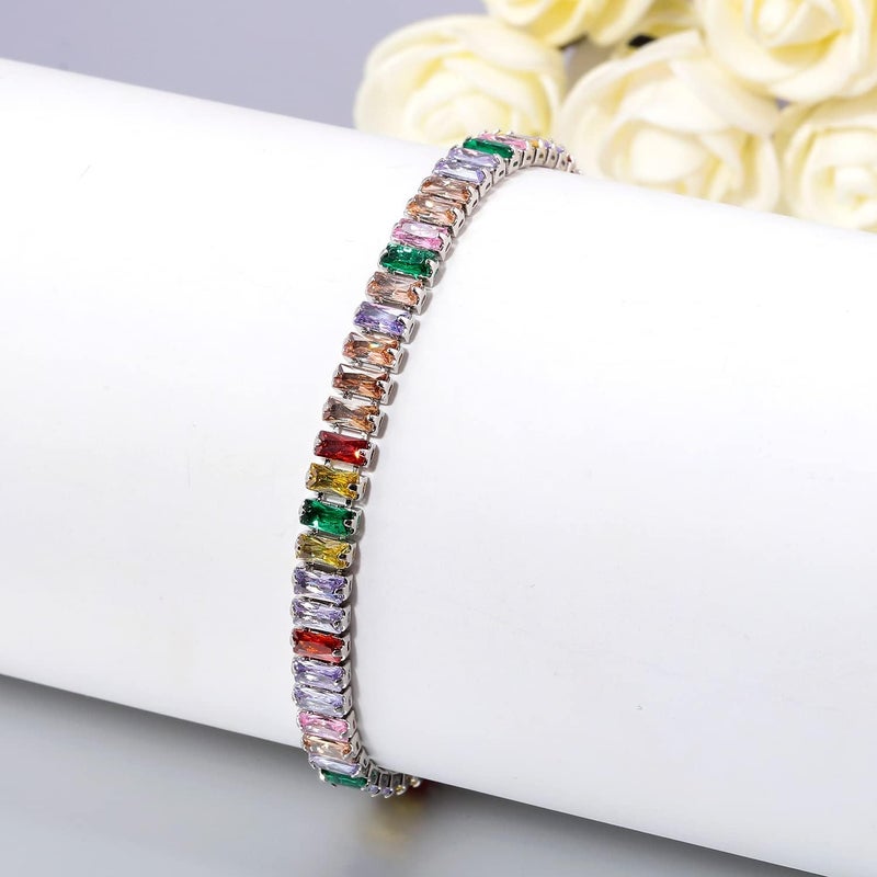 CiNily Adjustable Tennis Bracelets for Women Teen Girls Rainbow Cubic Zirconia Bracelet 14K White Gold Plated Hypoallergenic Slider Bracelet Jewelry Gift - Image 4